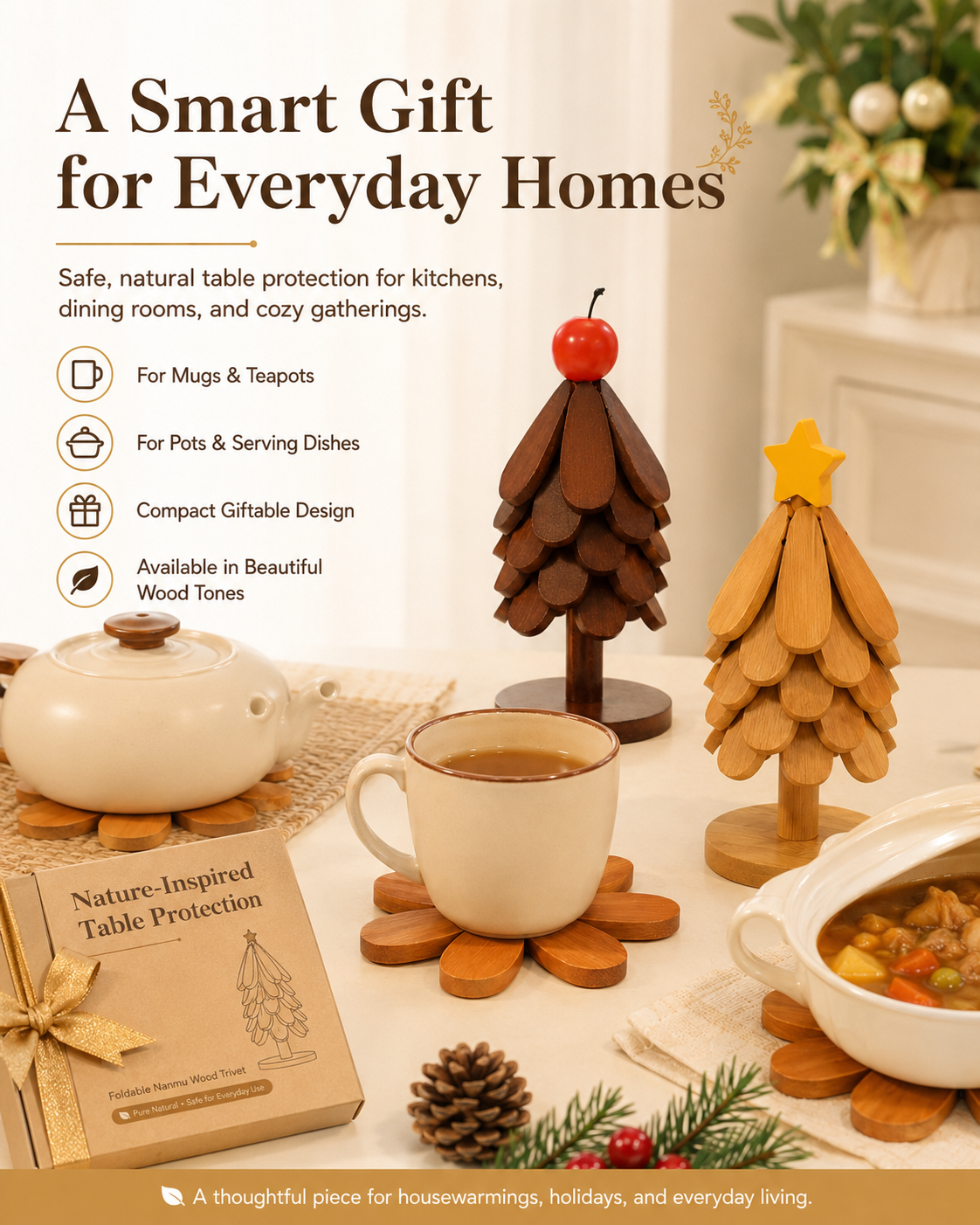 Foldable Nanmu Wood Trivet – Decorative Tree Hot Pot Mat