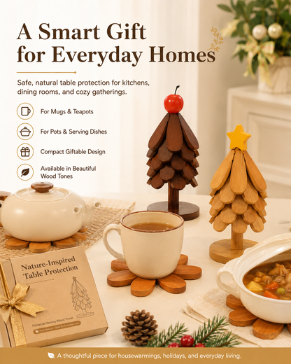 Foldable Nanmu Wood Trivet – Decorative Tree Hot Pot Mat