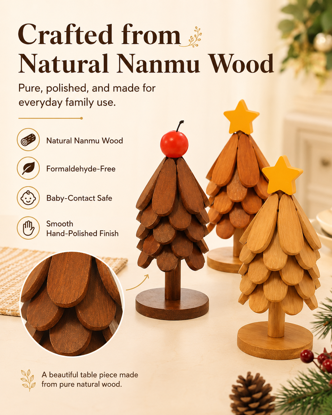 Foldable Nanmu Wood Trivet – Decorative Tree Hot Pot Mat