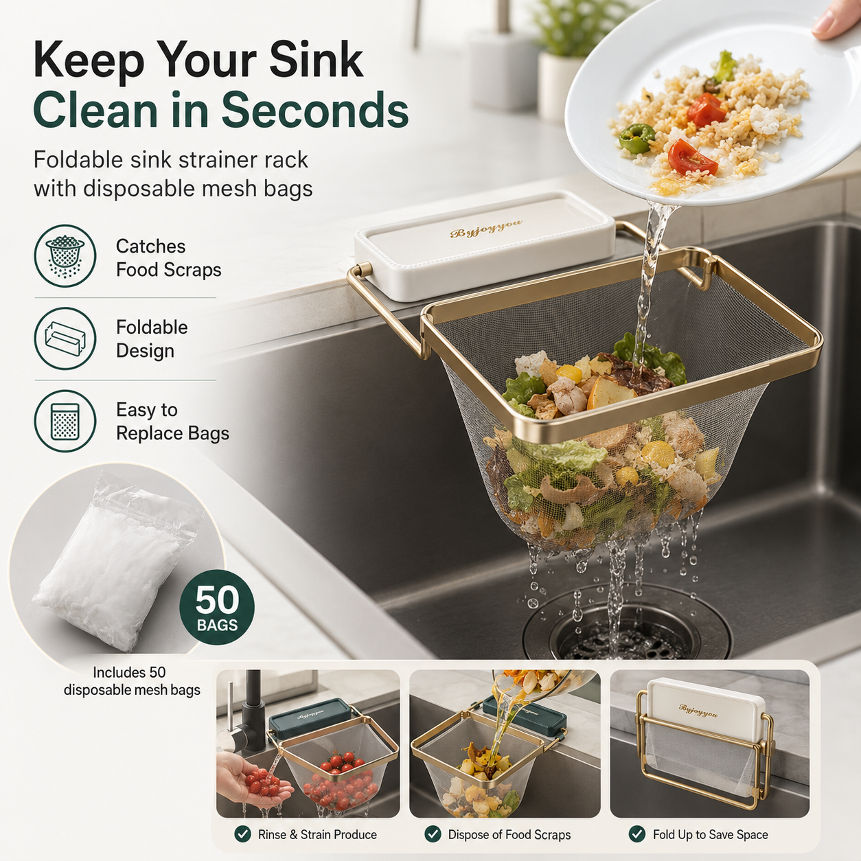 Foldable Sink Strainer Rack with 50 Mesh Bags
