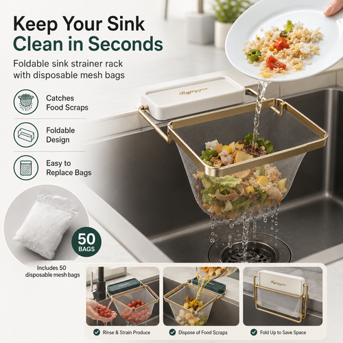 Foldable Sink Strainer Rack with 50 Mesh Bags