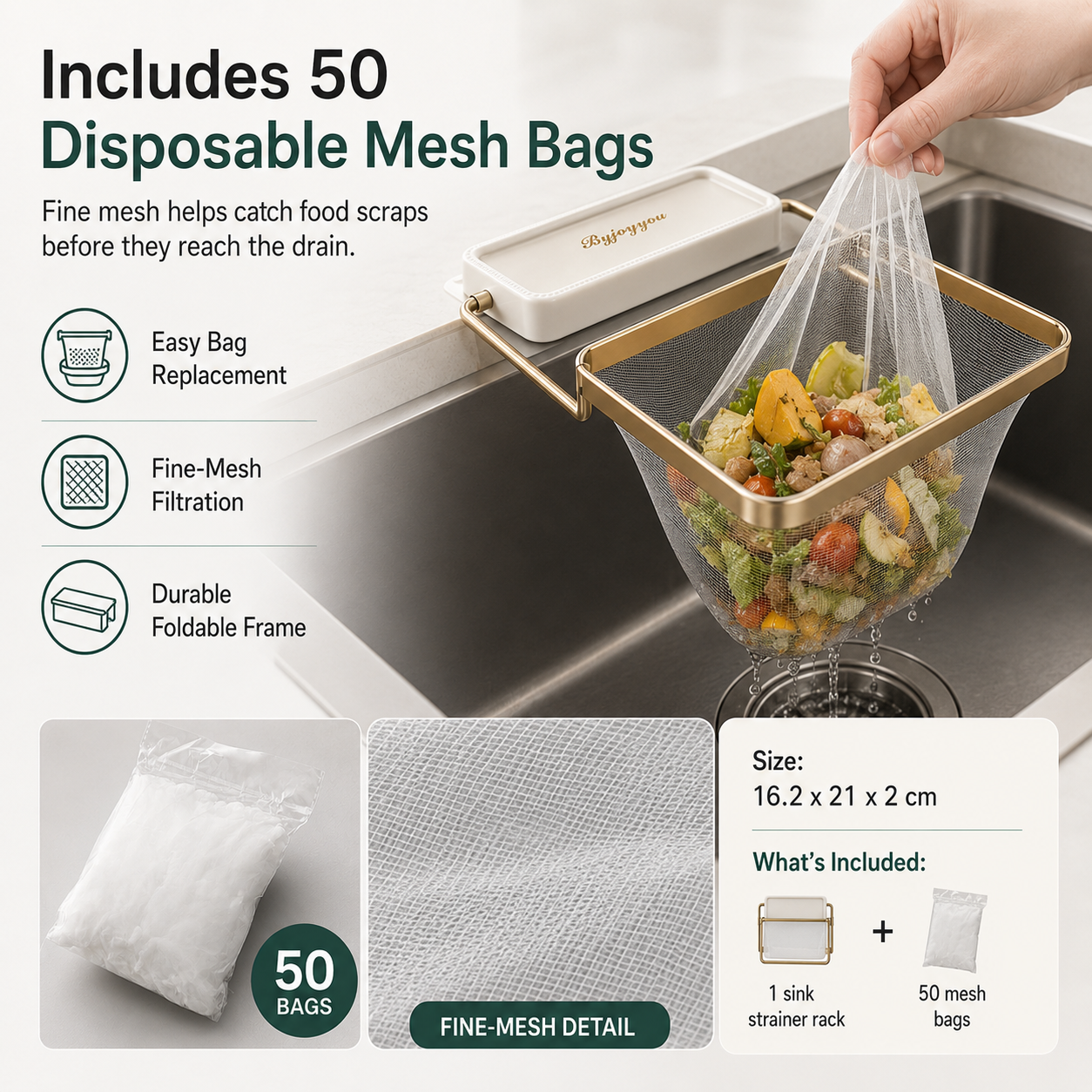 Foldable Sink Strainer Rack with 50 Mesh Bags
