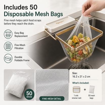 Foldable Sink Strainer Rack with 50 Mesh Bags