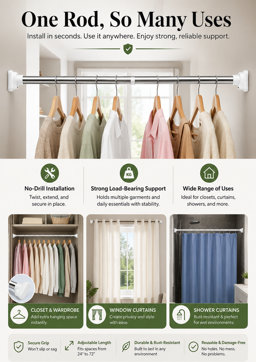 Adjustable Tension Rod | No-Drill Heavy Duty Hanging Rod