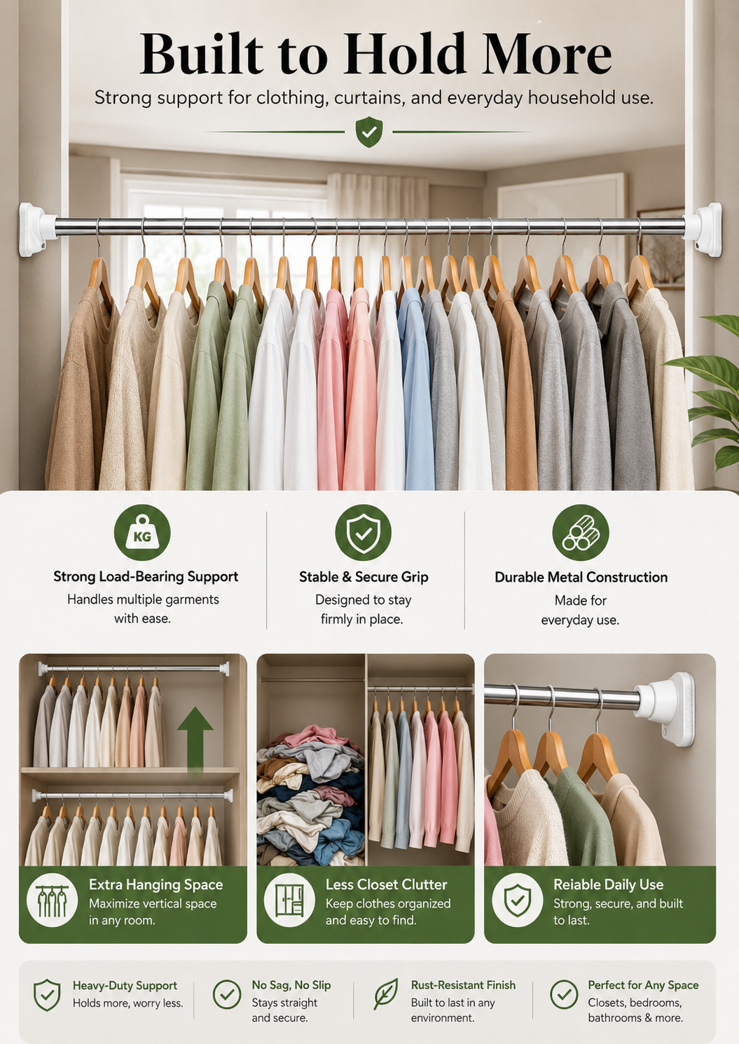 Adjustable Tension Rod | No-Drill Heavy Duty Hanging Rod