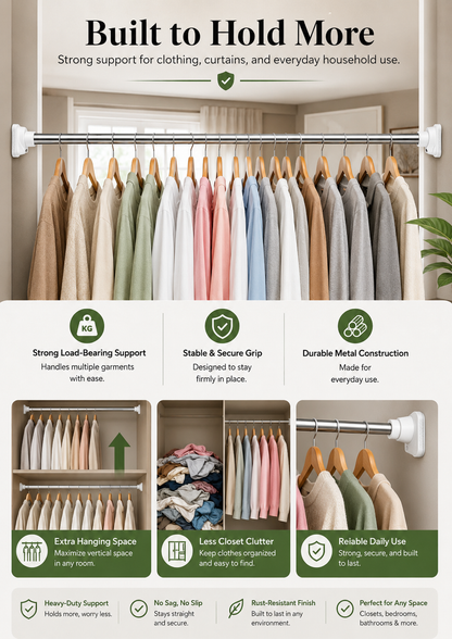 Adjustable Tension Rod | No-Drill Heavy Duty Hanging Rod