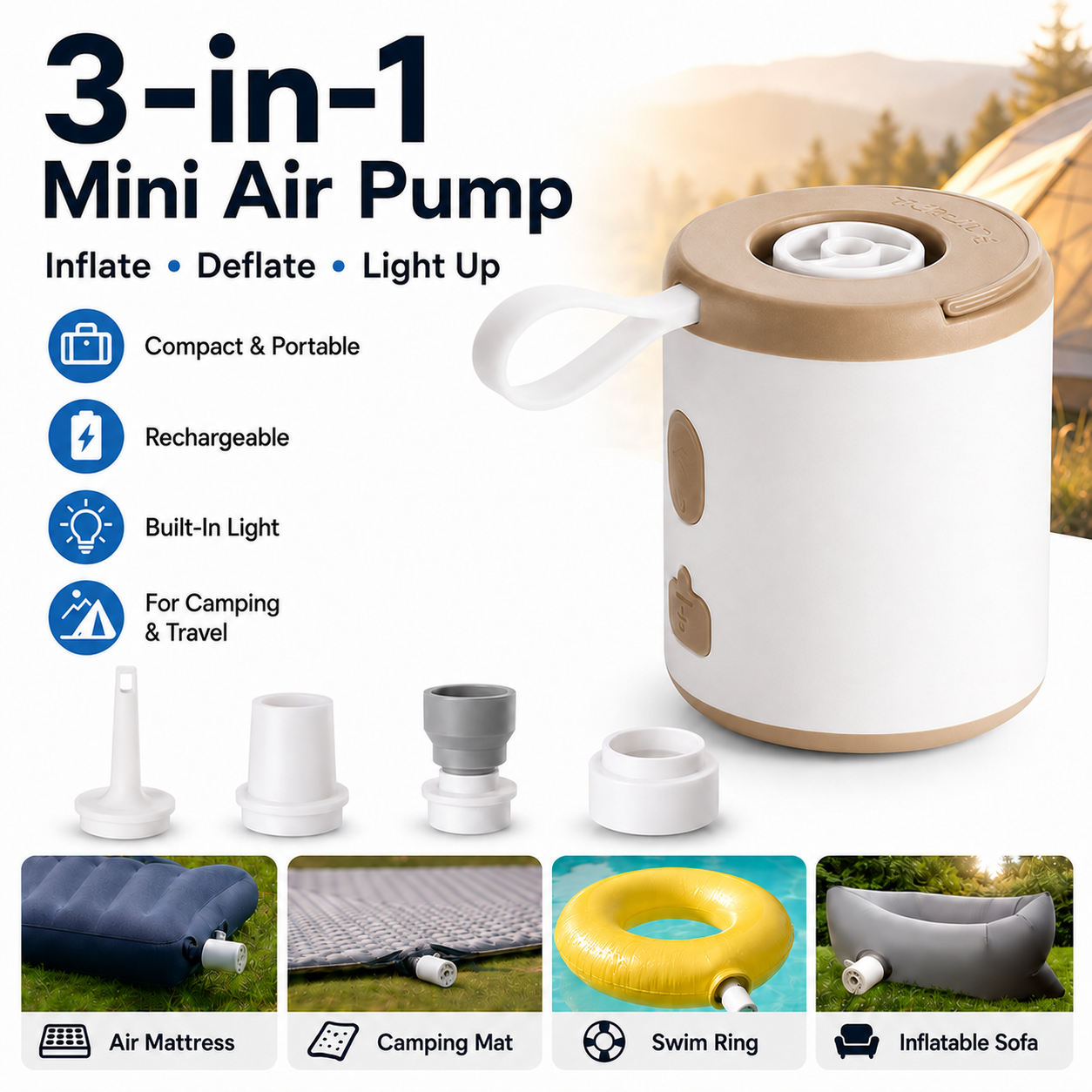 🔥Last Chance – 50% OFF Today Only!🎁 4-in-1 Mini Outdoor Air Pump 💨 Inflate🌬️ Deflate🔦 Illuminate🎒 Take It Anywhere.