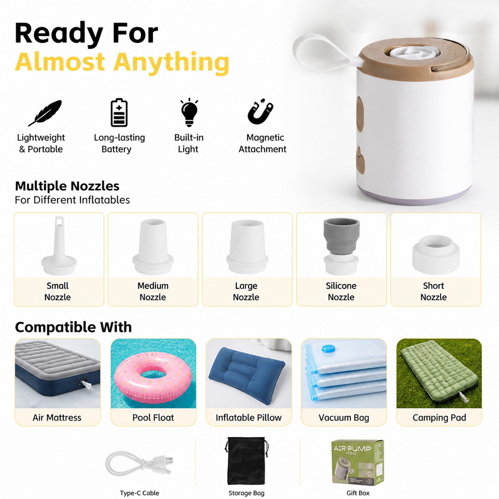🔥Last Chance – 50% OFF Today Only!🎁 4-in-1 Mini Outdoor Air Pump 💨 Inflate🌬️ Deflate🔦 Illuminate🎒 Take It Anywhere.