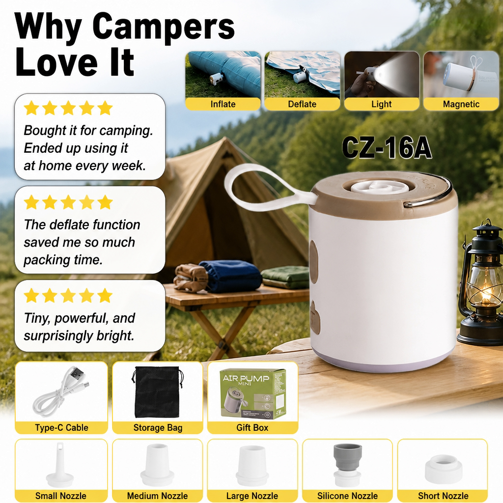 🔥Last Chance – 50% OFF Today Only!🎁 4-in-1 Mini Outdoor Air Pump 💨 Inflate🌬️ Deflate🔦 Illuminate🎒 Take It Anywhere.