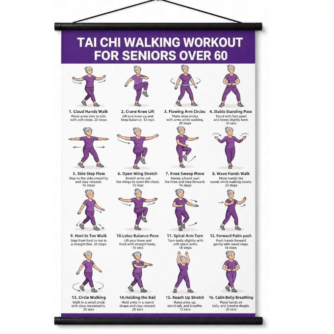 Chair Tai Chi Workout Poster for Seniors – 16 Seated Exercises for Balance & Flexibility (16×24 in)
