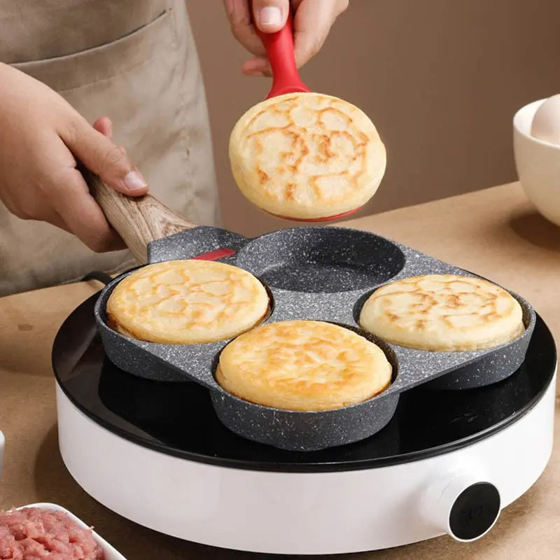Non-Stick 4-in-1 Breakfast Pan for Frying Eggs, Hamburgers & Scrambled Eggs - Multi-Functional, Fast Heating, Durable, Easy Clean, Space-Saving, Eco-Friendly, with Silicone Strips & Tempered Glass Lid