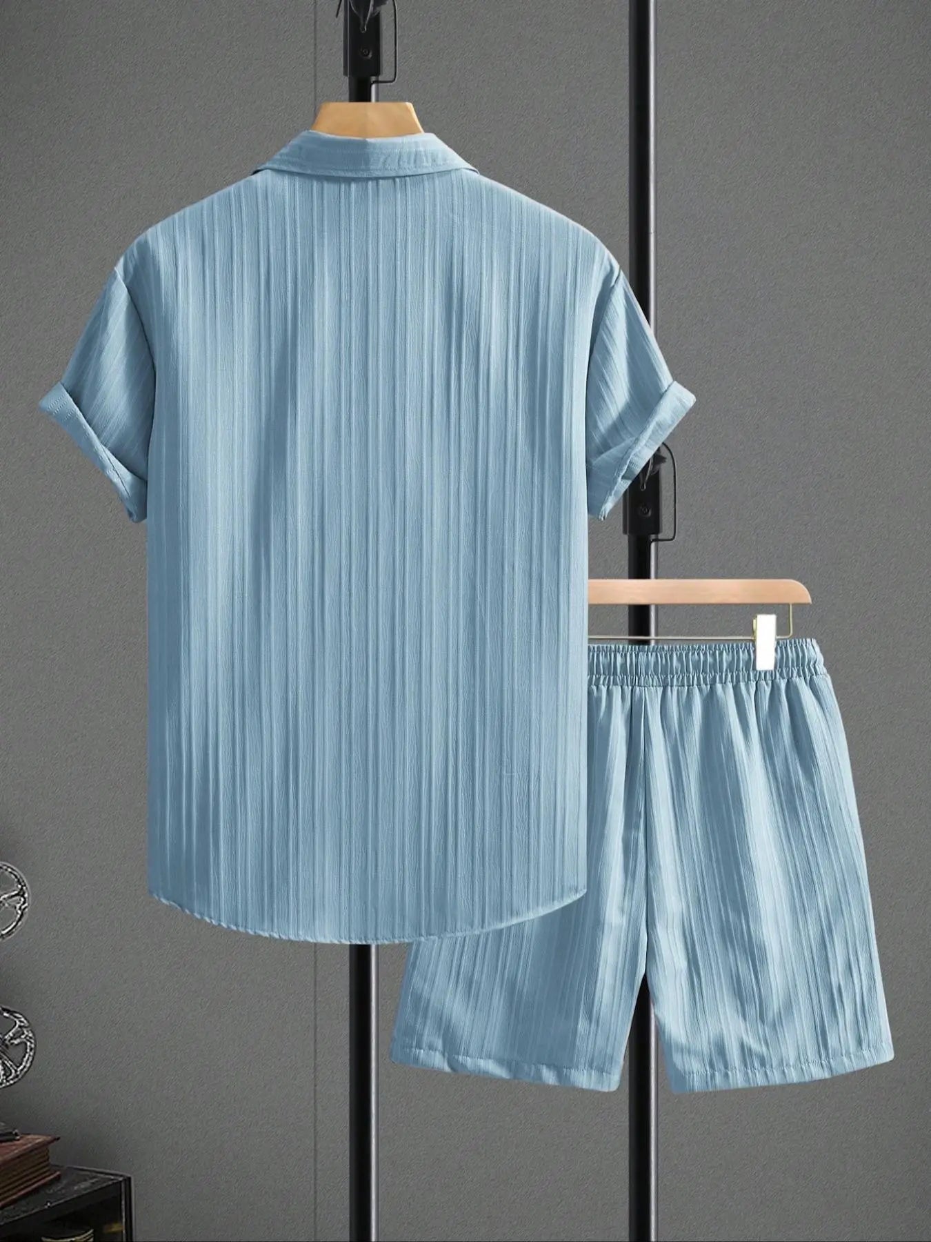 🔥Father's Day 50% OFF🎁Two-Piece Set Men's Regular Fit Solid Textured Short Sleeve Shirt & Shorts