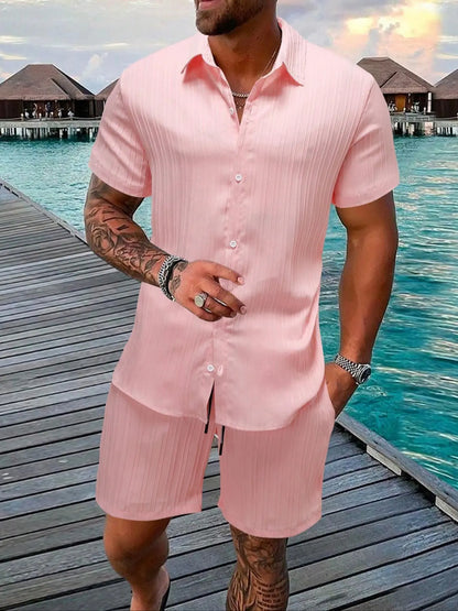🔥Father's Day 50% OFF🎁Two-Piece Set Men's Regular Fit Solid Textured Short Sleeve Shirt & Shorts