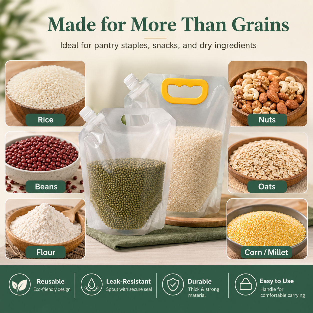 Safe, environmentally friendly Reusable Spout Storage Bag for Rice, Grains & Dry Goods – Easy Pour Pantry Organizer