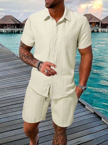 🔥Father's Day 50% OFF🎁Two-Piece Set Men's Regular Fit Solid Textured Short Sleeve Shirt & Shorts