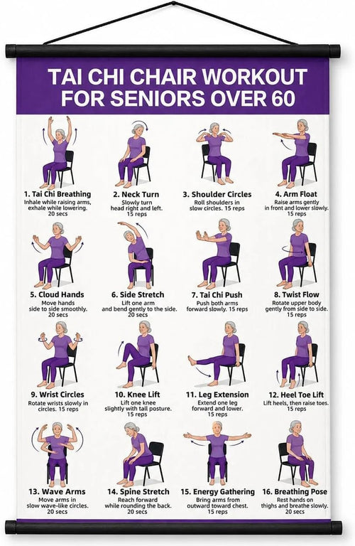 Chair Tai Chi Workout Poster for Seniors – 16 Seated Exercises for Balance & Flexibility (16×24 in)
