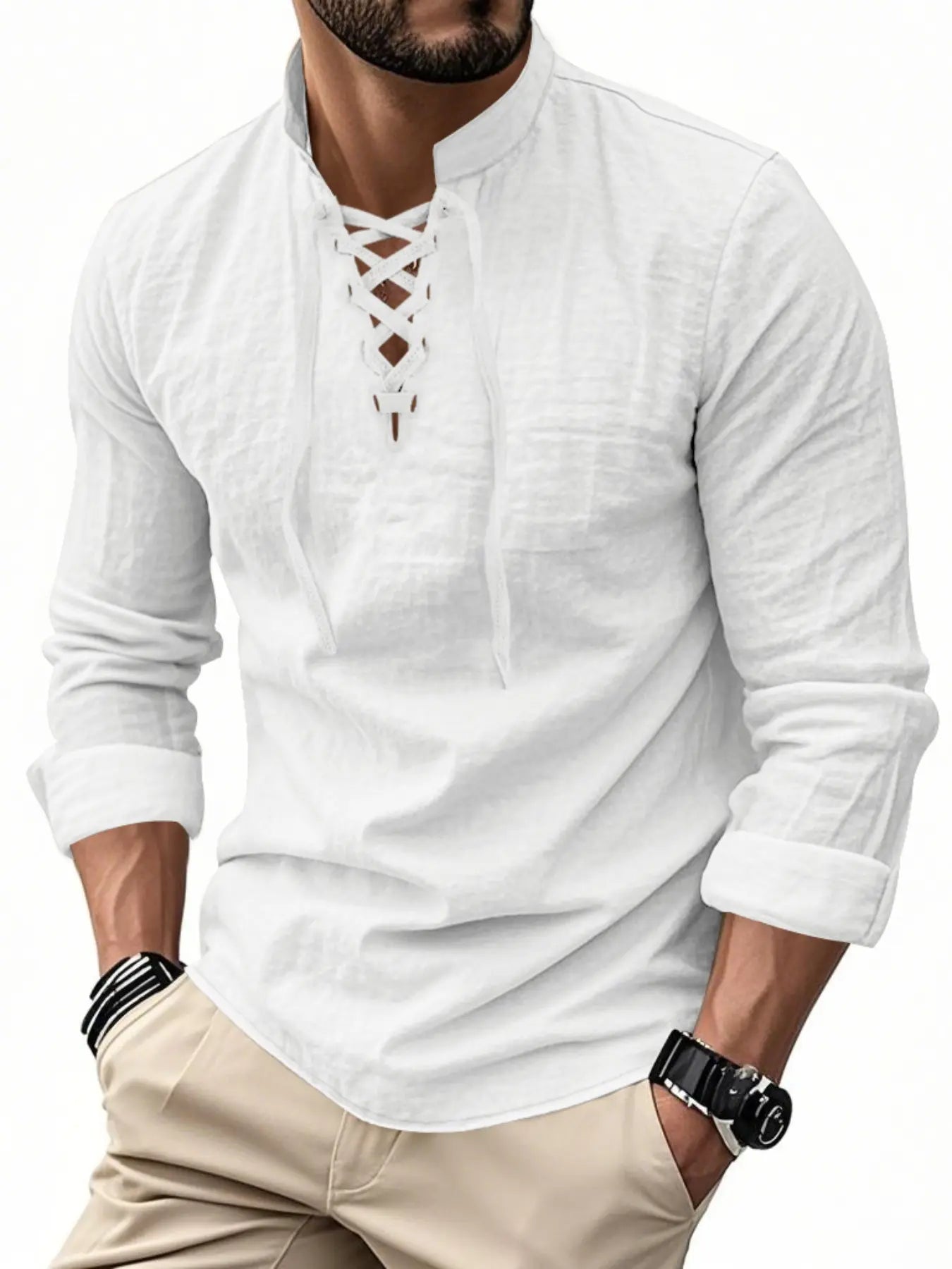 Men's Lightweight Breathable Linen Shirt, Drawstring Collar, Unique Design, Casual Plain Long Sleeve Polo, Perfect for Daily Commute Spring Fall Men's Clothing
