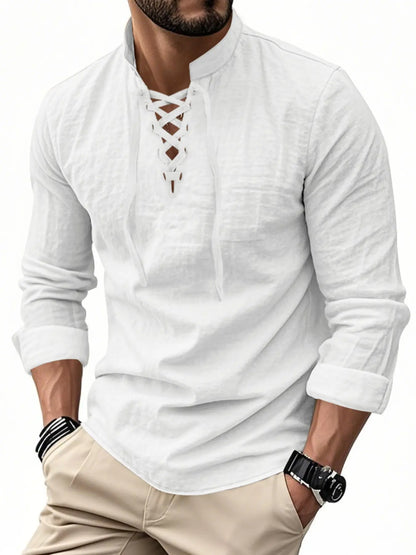 Men's Lightweight Breathable Linen Shirt, Drawstring Collar, Unique Design, Casual Plain Long Sleeve Polo, Perfect for Daily Commute Spring Fall Men's Clothing