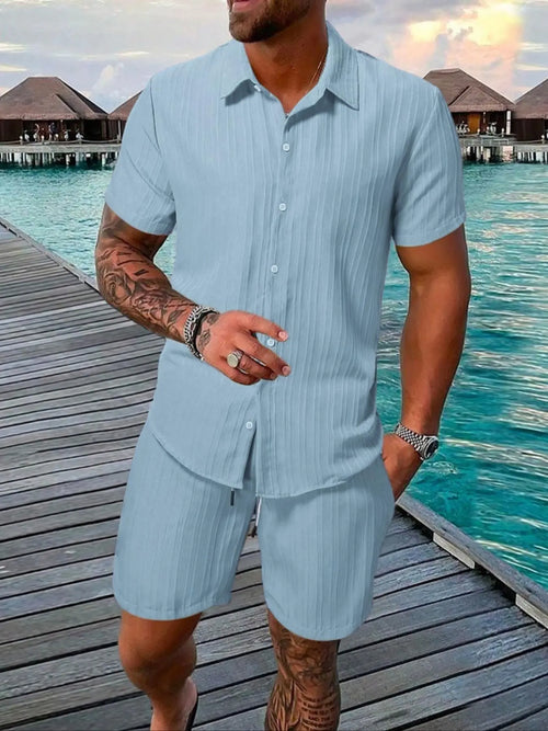 🔥Father's Day 50% OFF🎁Two-Piece Set Men's Regular Fit Solid Textured Short Sleeve Shirt & Shorts