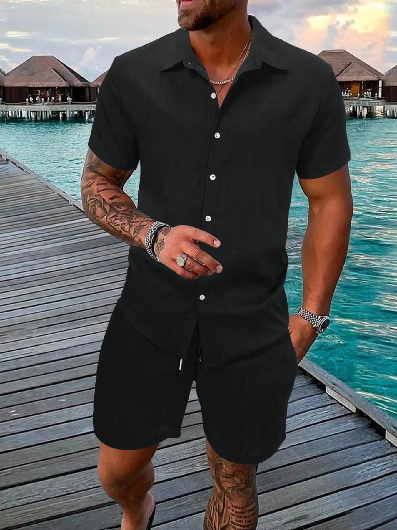 🔥Father's Day 50% OFF🎁Two-Piece Set Men's Regular Fit Solid Textured Short Sleeve Shirt & Shorts