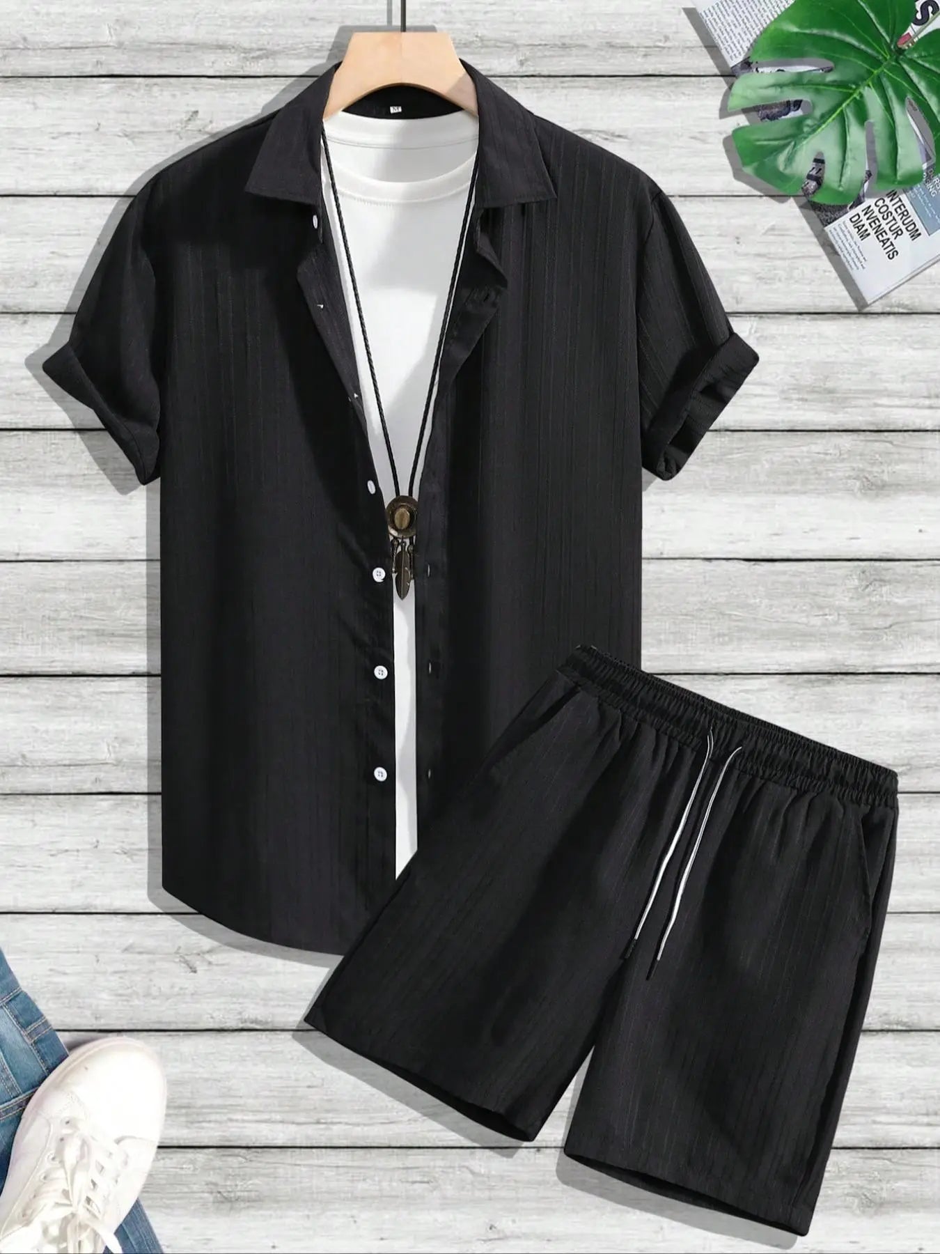 🔥Father's Day 50% OFF🎁Two-Piece Set Men's Regular Fit Solid Textured Short Sleeve Shirt & Shorts