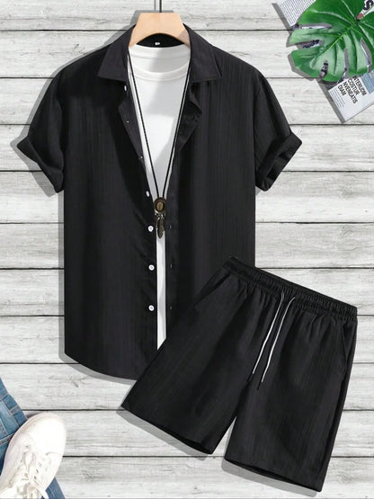 🔥Father's Day 50% OFF🎁Two-Piece Set Men's Regular Fit Solid Textured Short Sleeve Shirt & Shorts