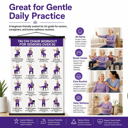 Chair Tai Chi Workout Poster for Seniors – 16 Seated Exercises for Balance & Flexibility (16×24 in)