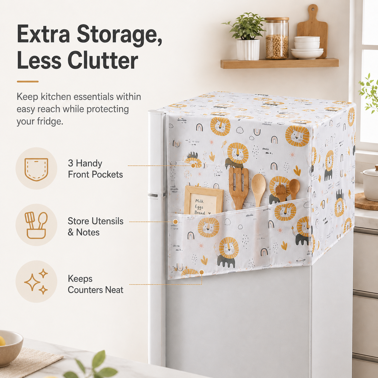 Refrigerator Dust Cover with Storage Pockets | PEVA Fridge Top Organizer