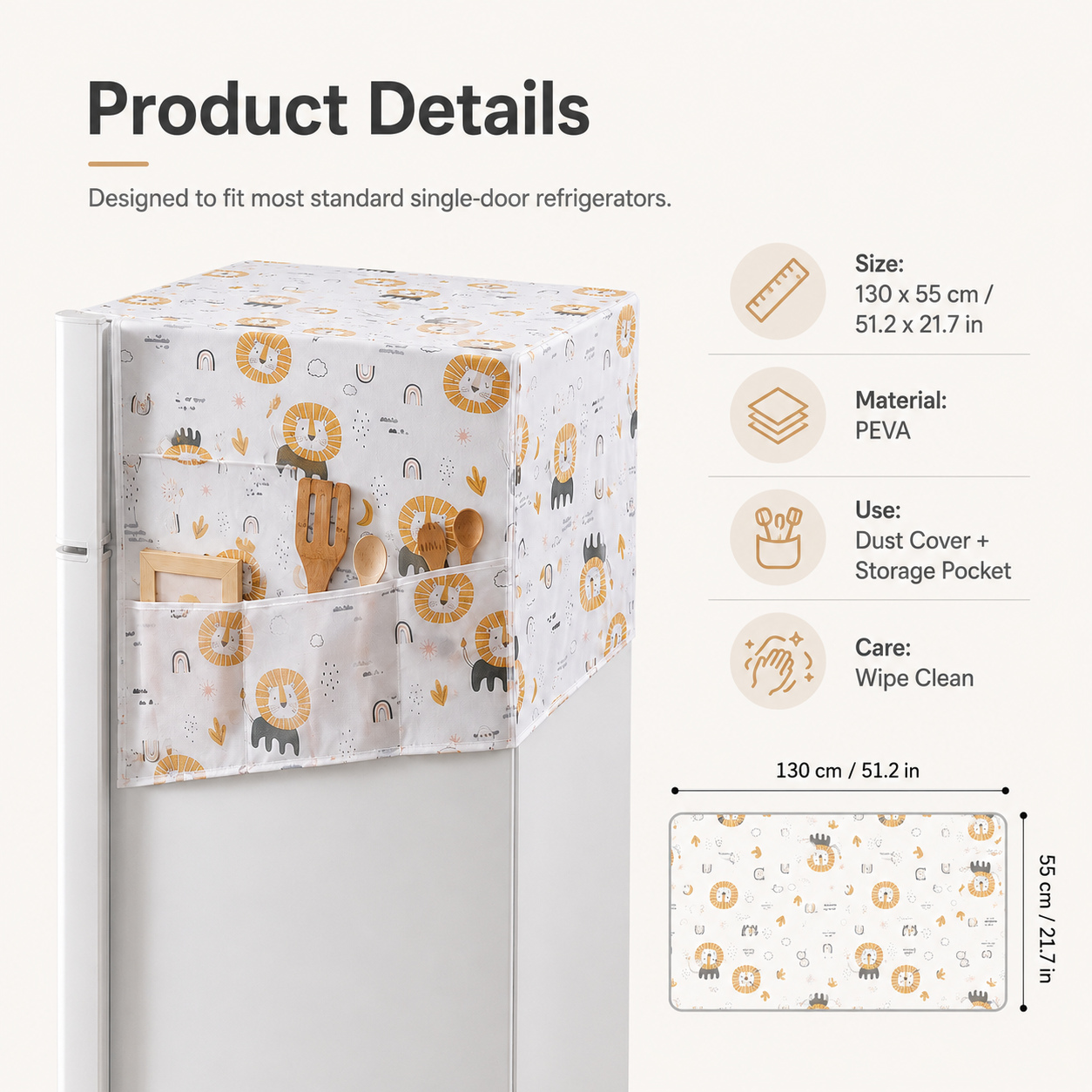 Refrigerator Dust Cover with Storage Pockets | PEVA Fridge Top Organizer
