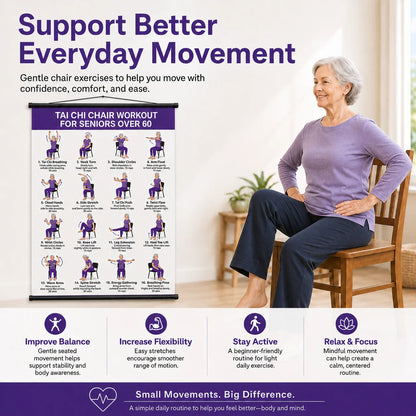Chair Tai Chi Workout Poster for Seniors – 16 Seated Exercises for Balance & Flexibility (16×24 in)