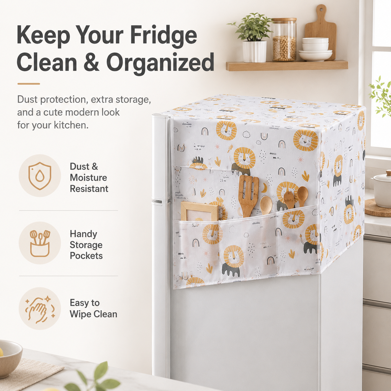 Refrigerator Dust Cover with Storage Pockets | PEVA Fridge Top Organizer