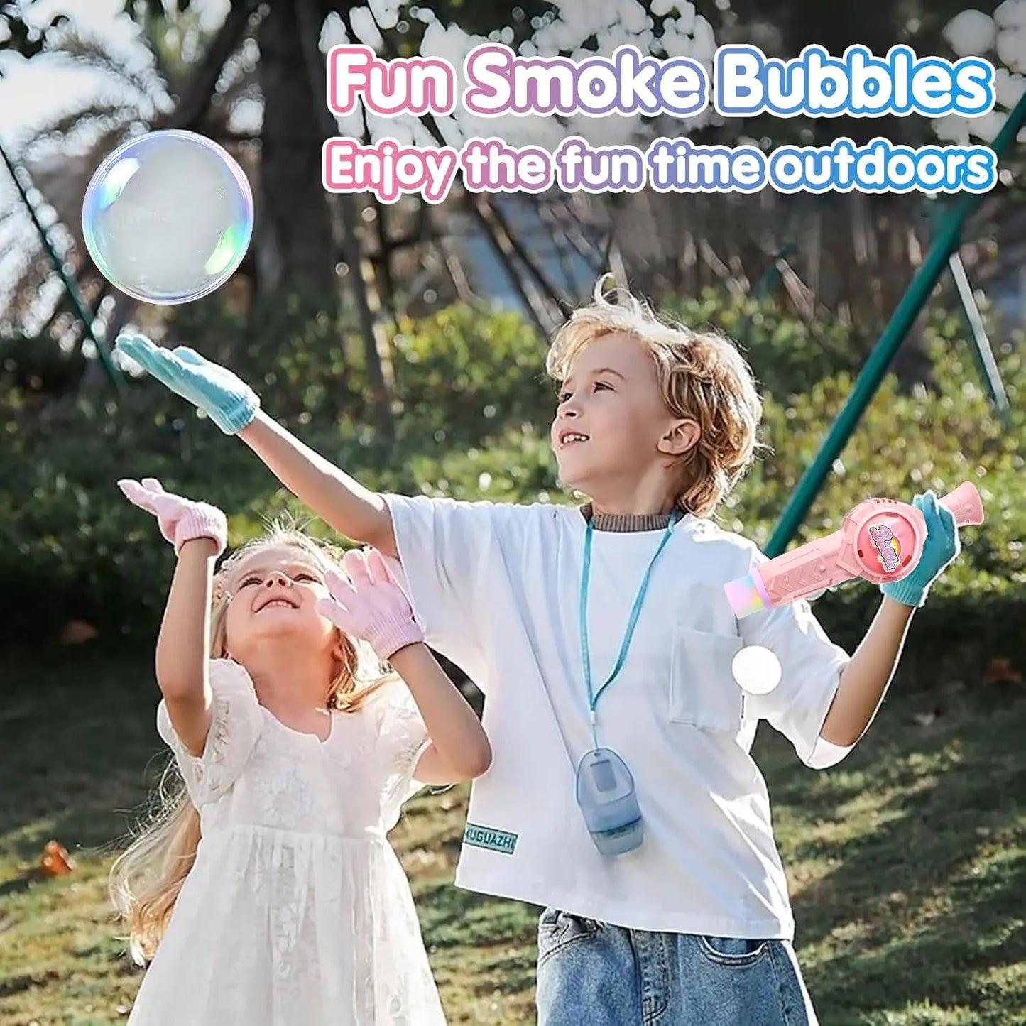 Elastic Smoke Bubble Machine for Kids - Rechargeable Magic Bubble Wand with Lights & Sound, Includes Gloves & Spill-Proof Cup, Safe Bubble Solution, Green & Pink