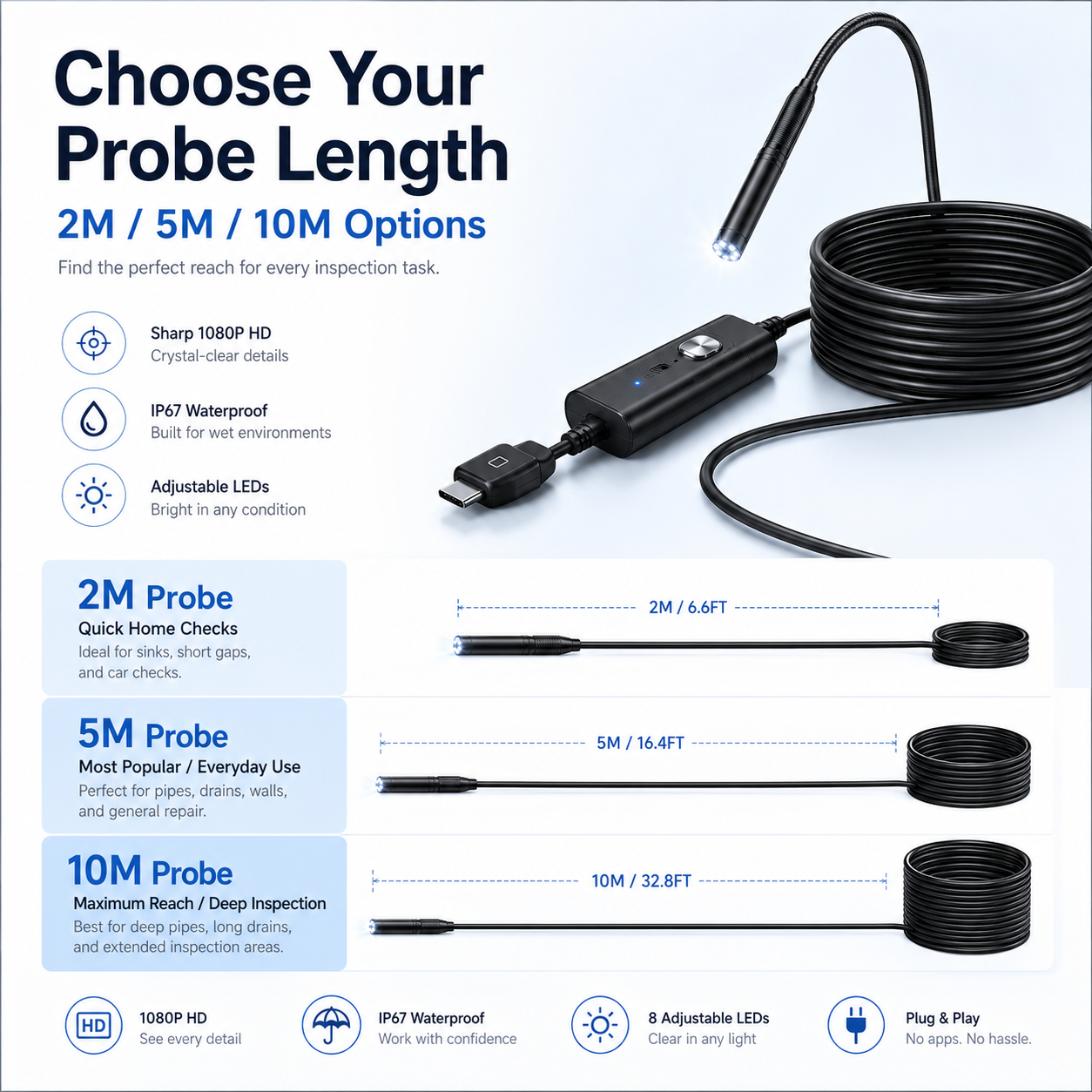 Limited -Time 50% OFF HD Endoscope Inspection Camera | 2M 5M 10M Waterproof Probe