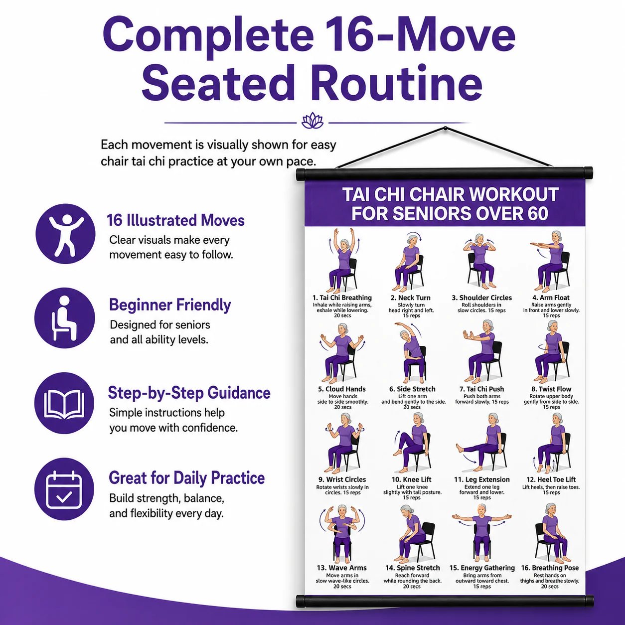 Chair Tai Chi Workout Poster for Seniors – 16 Seated Exercises for Balance & Flexibility (16×24 in)