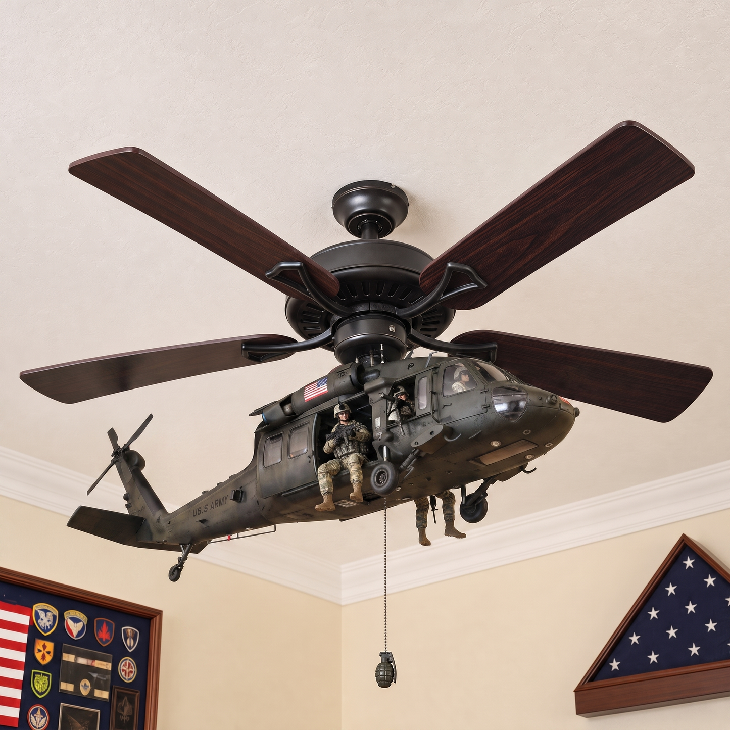 🛩️ Military Helicopter Ceiling Fan Decor – Realistic Hanging Ornament for Man Cave & Home